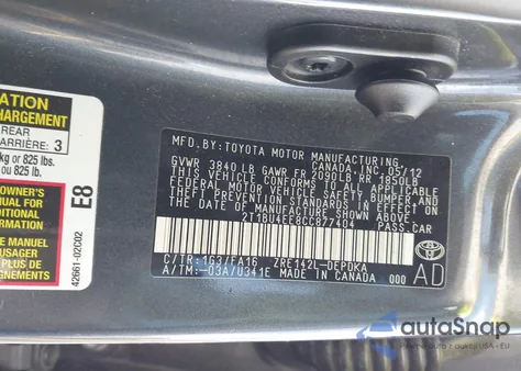 2012 Toyota Corolla L из США, поврежденный, VIN 2T1BU4EE8CC877404
